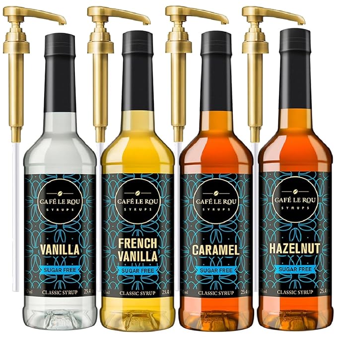 NEW Café Le Rou Coffee Syrup Sugar Free Variety 25.4oz Vanilla, French Vanilla, Caramel, Hazelnut -(4 Pack)*Includes 4 Coffee Syrup Dispensers*Flavoring Syrup for Coffee, Tea and Espresso