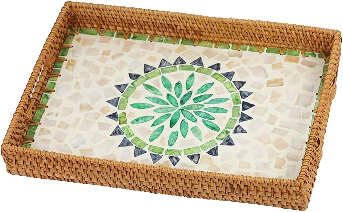 Rattan Serving Tray, Rectangle Coffee Table Tray with Mother of Pearl Inlay, Decorative Wicker Basket with Handle for Coffee, Bread, Fruits, Snacks, Table Decor (Bohemia)