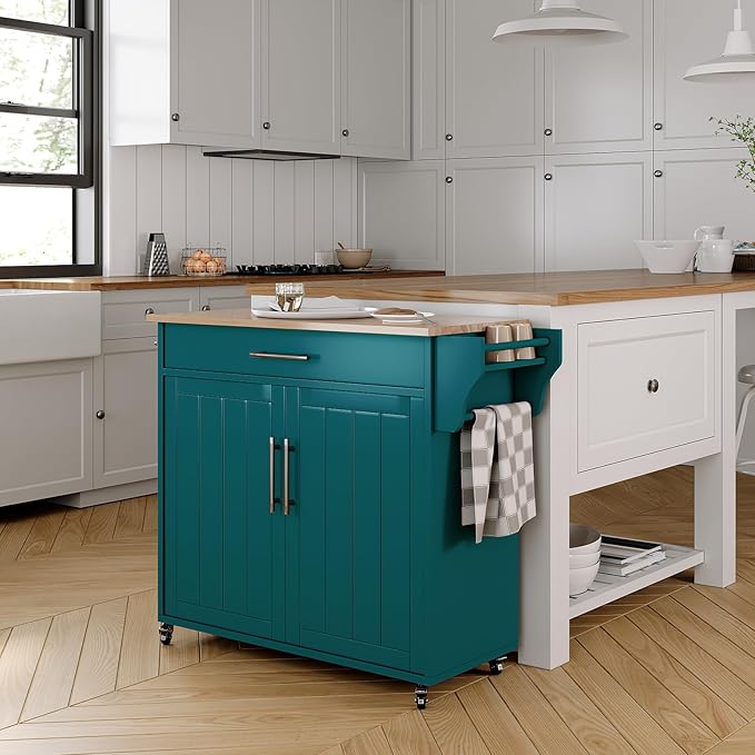 Kitchen Storage Island, Wooden Rolling Kitchen Island On Wheels with Countertop, Mobile Kitchen Island Cart with Towel Rack, Spice Rack and Drawers, Green