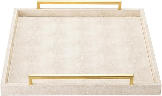 Large Ottoman Tray for Coffee Table,Square Shagreen Leather Decorative Tray with Gold Handles for Living Room Decor