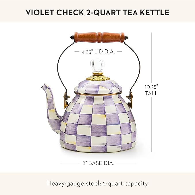 MACKENZIE-CHILDS Enamel Tea Kettle, Decorative Tea Kettle for Stovetop, 2 Quarts, Purple-and-White Violet Check