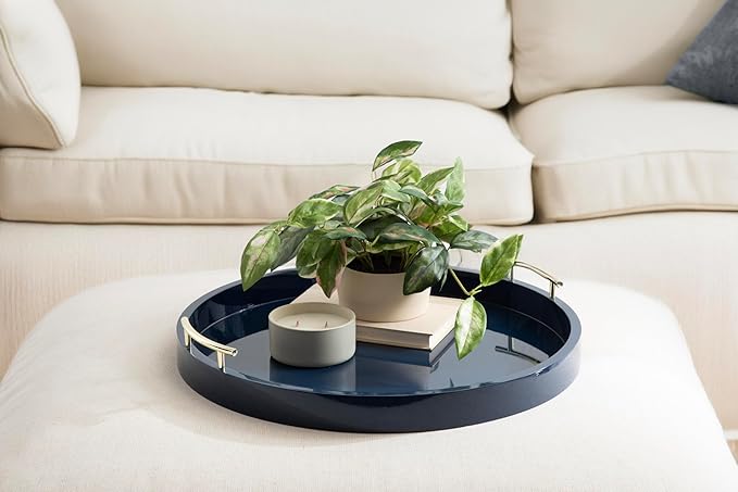 Kate And Laurel Lipton Modern Round Ottoman Tray, 22 Inch Diameter, Navy and Gold, Decorative Circle Coffee Table Tray for Living Room Decor or Large Serving Tray