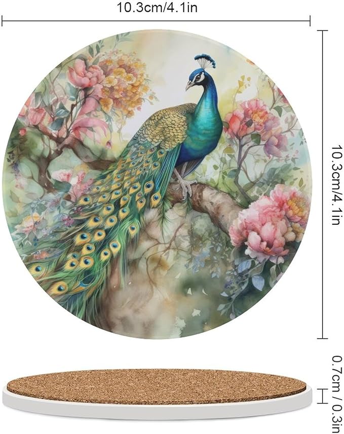 Round-6PCS Peacock Drink Coasters, Round Modern Ceramic Absorbent Coasters, Vintage Watercolor Style Floral Beautiful Peacock Decor Desk Coffee Table Coaster for Beverage Cup Tea Coasters