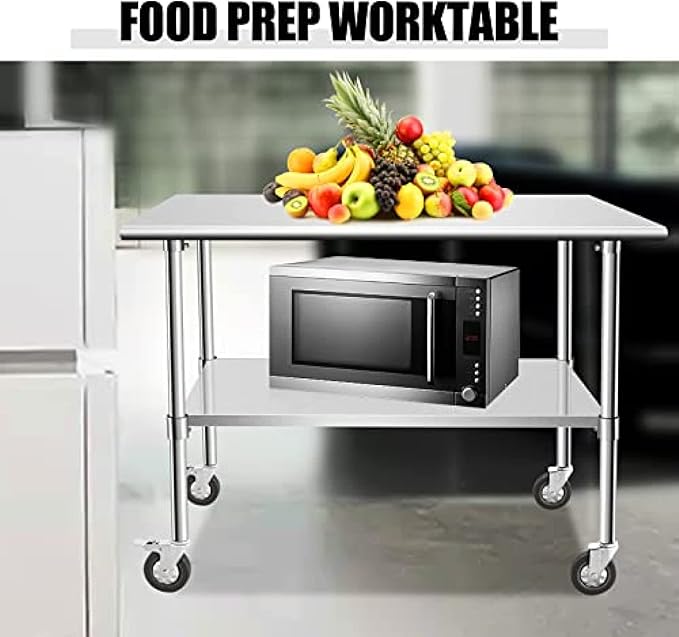 Stainless Steel Table - Metal Table Cart - Commercial Workbench with Caster Wheel - NSF Certified - for Restaurant, Warehouse, Home, Kitchen, Garage,48''x30''