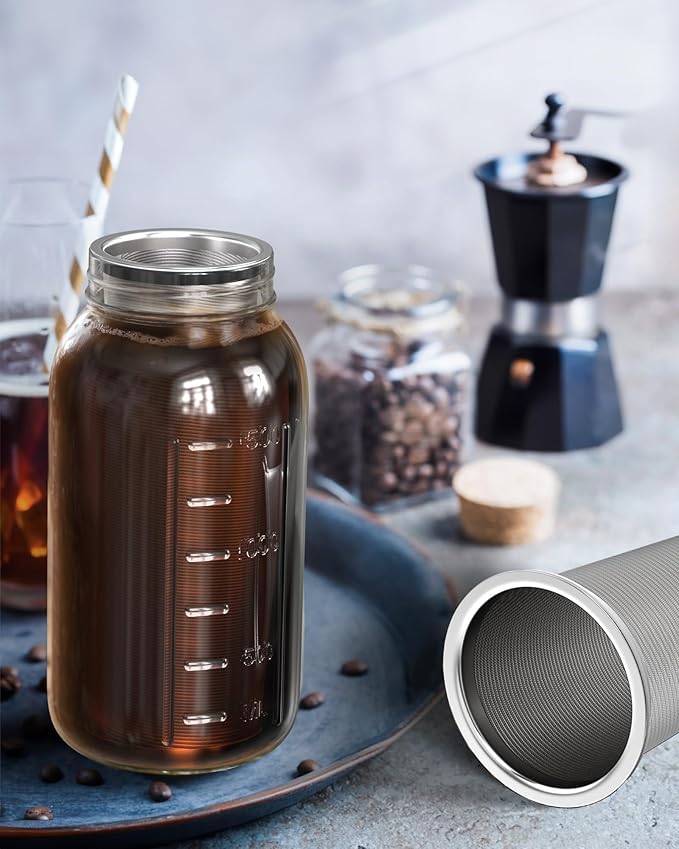Cold Brew Coffee Filter for 32oz Wide Mouth Mason Jars, Fine Mesh, 304 Stainless Steel Strainer with Seal Ring, Reusable Cold Brew Filter for Iced Coffee Maker, Sun Tea and More