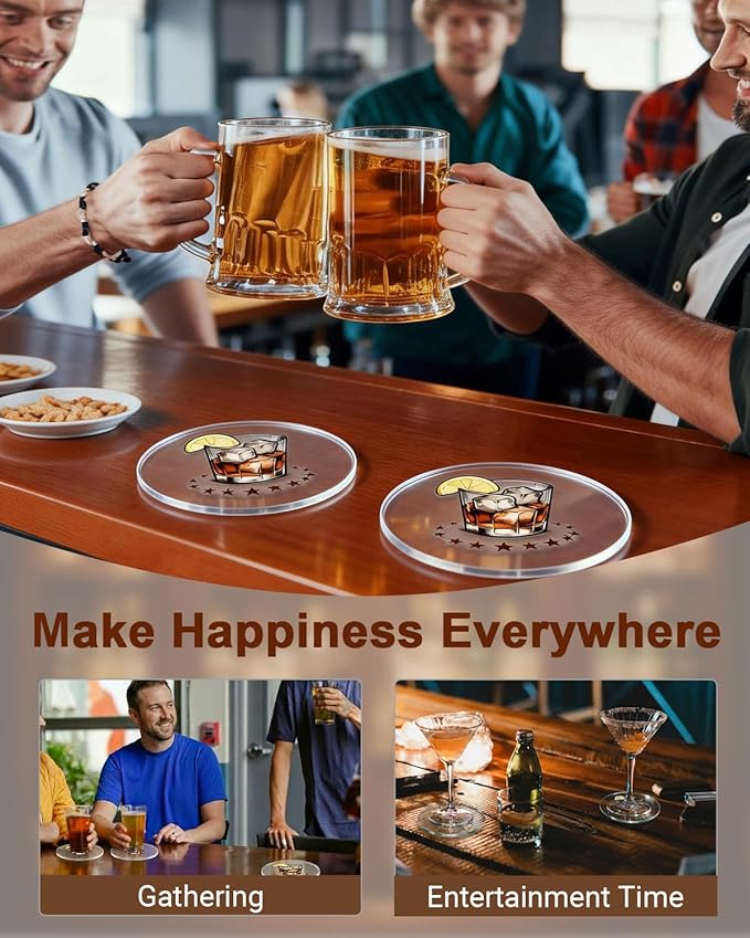 Acrylic Coasters Set of 4, Bar Drink Coasters for Cocktails, Whiskey, Coffee, Clear Modern Drink Coasters for Home Bar, Coffee Table & Office Desk, Cold Drinks, Office Decor, Non-Scratch & Easy Clean