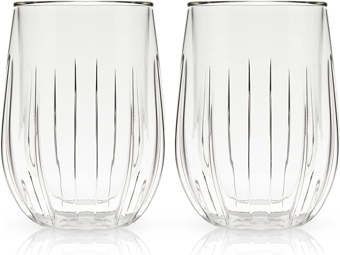 Viski Insulated Double Walled Stemless Wine Glasses, Drinking Glass with Cut Crystal Design, Home Bar Accessories, Glassware, 13 oz, Set of 2, Clear