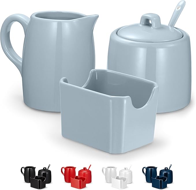 KooK Sugar and Creamer Set, 3 Piece, Pitcher, Sugar Bowl with Lid and Spoon, Sweetener Holder, Casper Blue