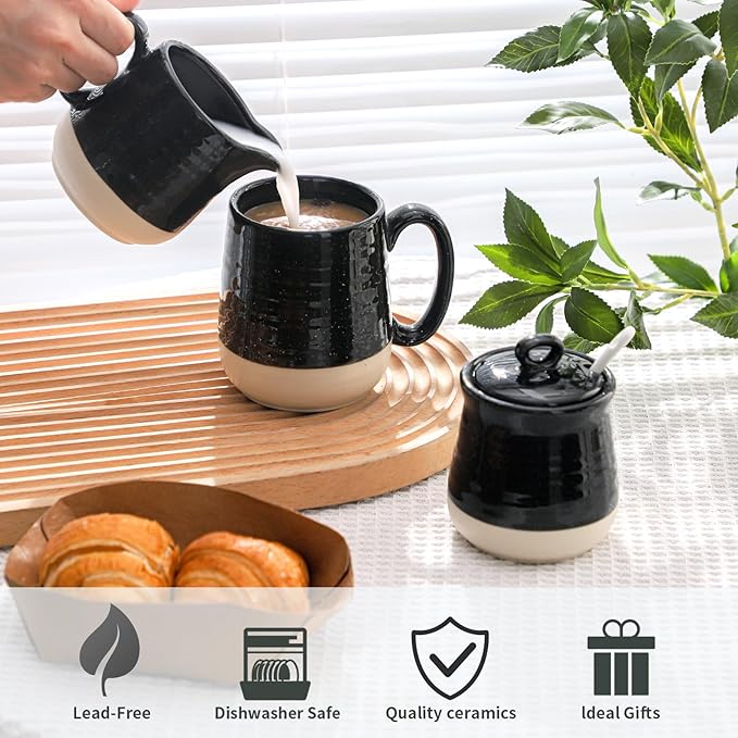 Ceramic Sugar and Creamer Container Set of 3,10 Ounce Cream Pitcher,11 Ounce Sugar Bowl with Lid and Spoon,Farmhouse Coffee Bar Accessories Set for Serving,Microwave & Dishwasher Safe,Black