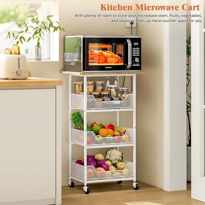 Kitchen Microwave Cart with Fruit Baskets, 4 Tier Microwave Table Stand with Storage, Kitchen Storge Shelf on Wheels Small Rolling Cart Organizer Rack for Pantry, Living Room, Bathroom