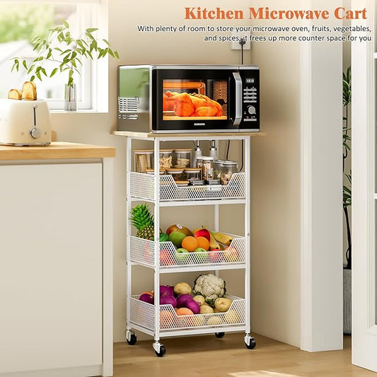 Kitchen Microwave Cart with Fruit Baskets, 4 Tier Microwave Table Stand with Storage, Kitchen Storge Shelf on Wheels Small Rolling Cart Organizer Rack for Pantry, Living Room, Bathroom