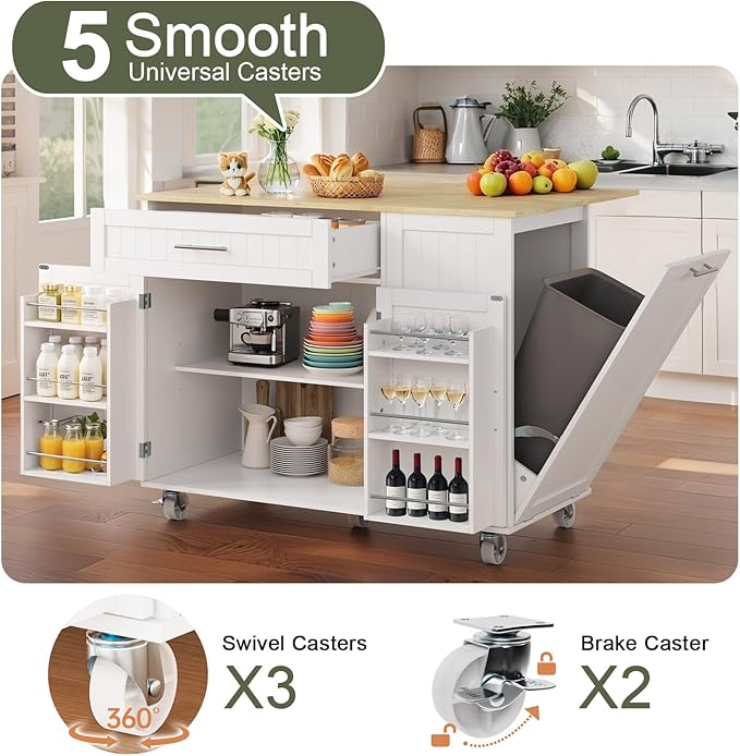 Kitchen Island with Storage, 43.3" Island Table for Kitchen with Widen Drop Leaf Rubberwood Top, Trash Can Storage and Towel Bar, Rolling Kitchen Island Cart on Wheels for Indoor Outdoor, White