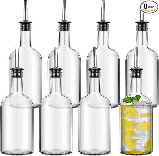 Baderke 8pcs 17oz Glass Long Neck Bottles Glass Pour Liquor Bottles Bar Juice Pour Syrup Bottle with Pourer & Caps Pourer Tapered Spout for Liquor Wine Juice Snowcone Syrup
