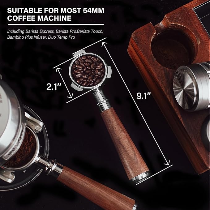 Espresso Portafilter | 54mm Bottomless portafilter with 3 Ear | Suitable for 54mm Breville/Sage Barista Espresso Machine | with Walnut Handle and Stainless Steel Single Wall Basket