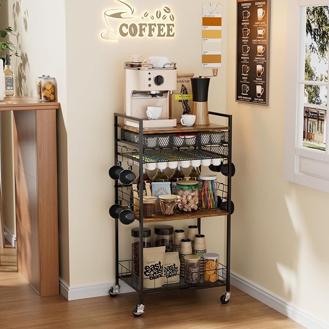 Coffee Bar Station with Storage Drawer - 5 Tier Coffee Table Countertop Organizer for K Cups, Tea Bags, Sugar Storage and Kitchen Cabinets (Brown)