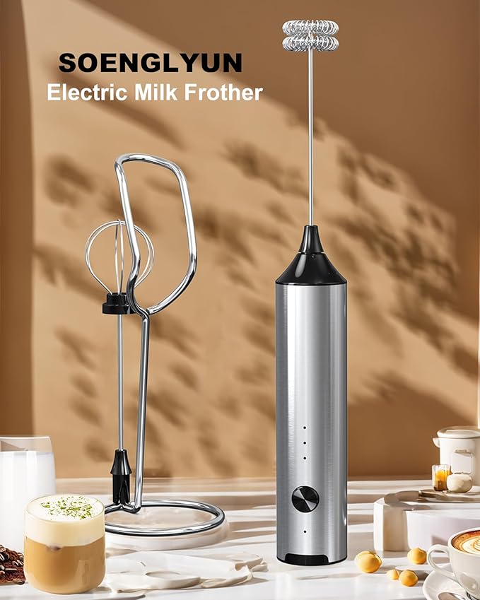 Rechargeable Milk Frother with Stand, Handheld 3-Speeds Coffee frother with 2 Whisks, Electric Frother Wand for Coffee, Latte, Cappuccino, Hot Chocolate, Matcha and Egg Mini Frother, Silver