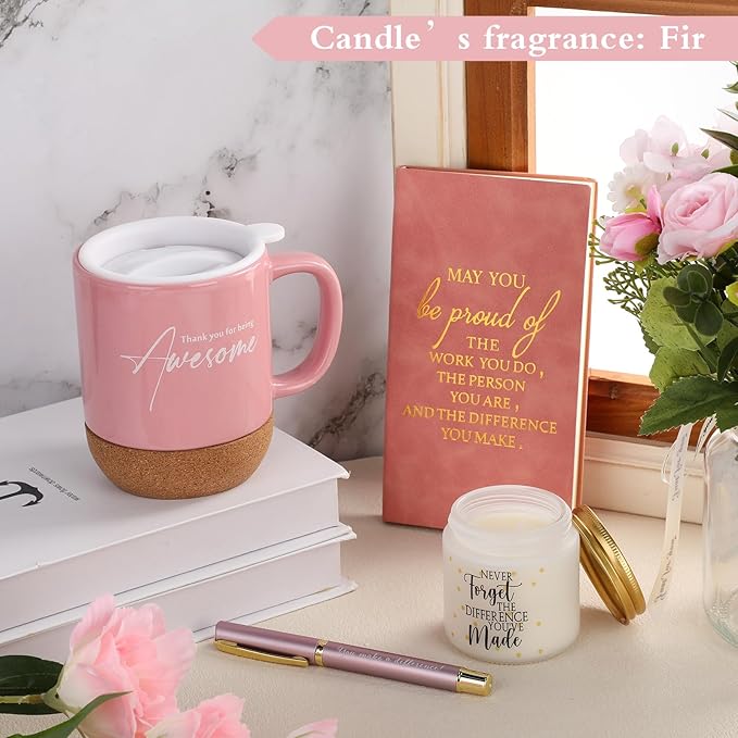 4 Pcs Thank You Gift Set for Women Men Coworker Employee Inspirational Appreciation Gifts Notebook Coffee Mug Scented Candle Pen for Valentine's Day Team Office Staff Teacher Nurse(Pink)