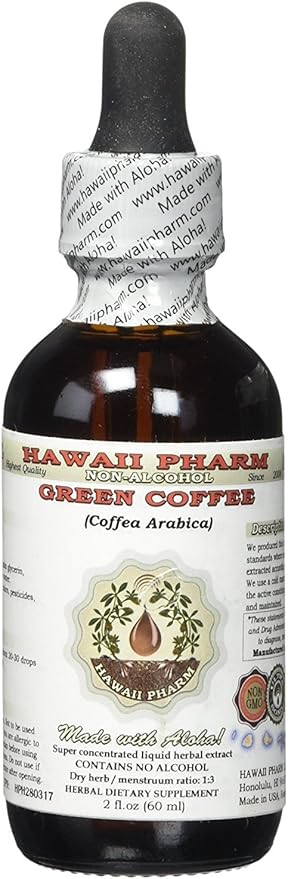 Hawaii Pharm Green Coffee Alcohol-Free Liquid Extract, Green Coffee (Coffea Arabica) Dried Bean Glycerite Natural Herbal Supplement 2 oz