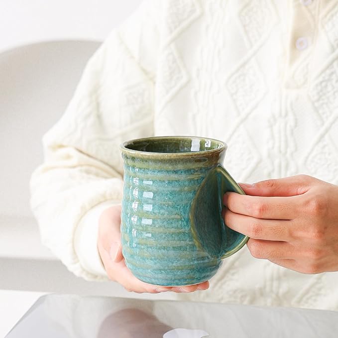 Mkour 21oz Large Ceramic Coffee Mugs, Handmade Tea Cups with Comfortable Handle for Office and Home, Microwave and Dishwasher Safe (Crystal Green)