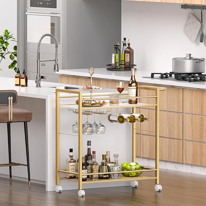 Bar Cart,Home Bar Serving Cart with Storage Shelves, 2 Tier Rolling Beverage Cart with Wheels, Modern Flowing Gold Wine Cart with Wine Rack and Glass Holder for Kitchen, Dinning Room,Living Room