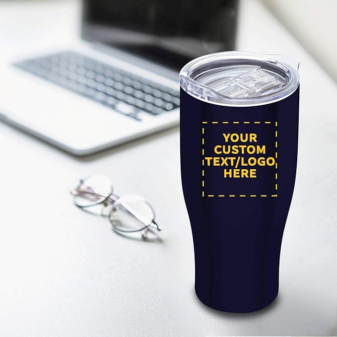 DISCOUNT PROMOS 10 Stainless Steel Grip Travel Mugs Set, 27 oz. - Customizable Text, Logo - Vacuum Insulated, Plastic Lid - Blue