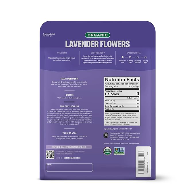 FGO Organic Dried Lavender Flowers, Extra Grade Dried Buds, Imported From France for Culinary or Sachet Bags, 16oz Bulk, Packaging May Vary (Pack of 1)