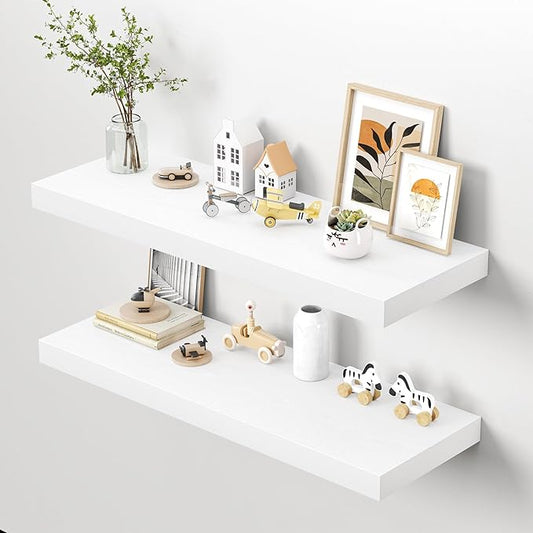 Dreamland 40" Floating Shelves for Wall, 12" Deep Thicker White Floating Shelves, Wall-Mounted Shelves for Bedroom, Living Room, Kitchen, Bathroom - Set of 2