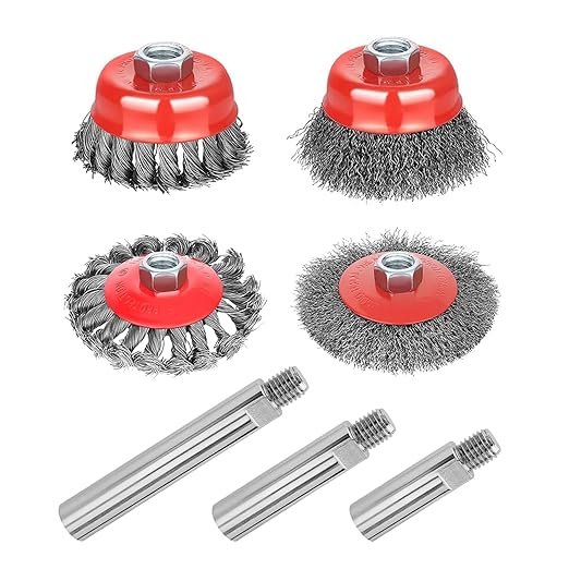 Gaquolam 7 Pack Wire Wheel Cup Brush for 4 1/2 Angle Grinder with 5/8"-11 Thread Extension Rod,4 & 3 Inch Twist Knotted Coarse Crimped Wire Brushes (Wire Wheel Set & Grinder Extension Rod)
