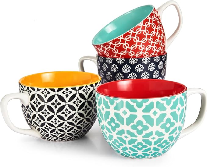DOWAN Mosaian Soup Mugs, 24oz Large Coffee Mugs Set of 4, Soup Mugs With Handles, Ceramic Mugs for Soup/Coffee/Cereal/Latte, Thanksgiving and Christmas Gifts for Family and Friends