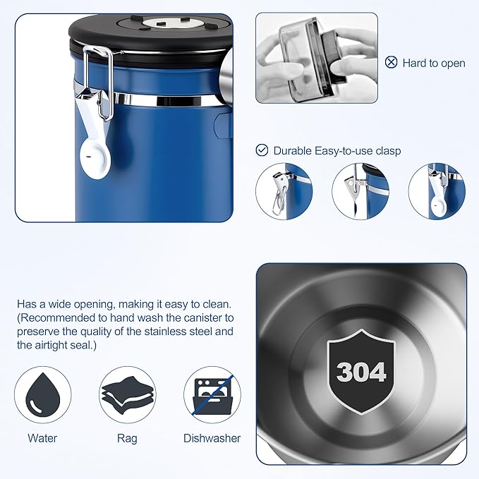 ShanSon Coffee Canister Airtight Coffee Container Stainless Steel Coffee Bean Storage Container with Scoop Coffee Canister for Beans Grounds Sugar Flour Tea Cereal,16OZ,Blue