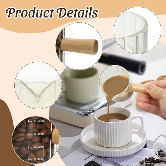 Espresso Cups Set of 2, 4 OZ Espresso Shot Glasses with Wood Handle, V-Shaped Spouts Cups, Ribbed Milk Frothing Pitcher, Glass Measuring Cup, Coffee Espresso Accessories, Demitasse Cups, Small (Clear)