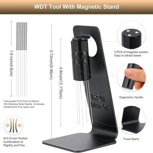 WDT Tool Espresso Distribution Tool, Coffee Distribution Tool with Magnetic Stand, Espresso Accessories with 6 Extra Φ0.25mm Stainless Steel Needles for Barista (Light Black, H：4.8 inches)