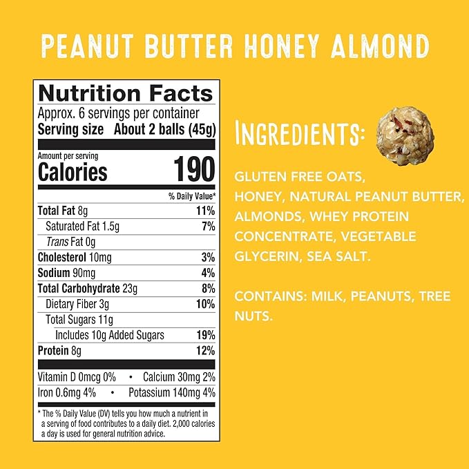 simplyFUEL Whole-Food Protein Balls (Peanut Butter Honey Almond), 8 g High-Protein, Gluten-Free, Healthy Snack for Adults & Kids, 9.6 oz