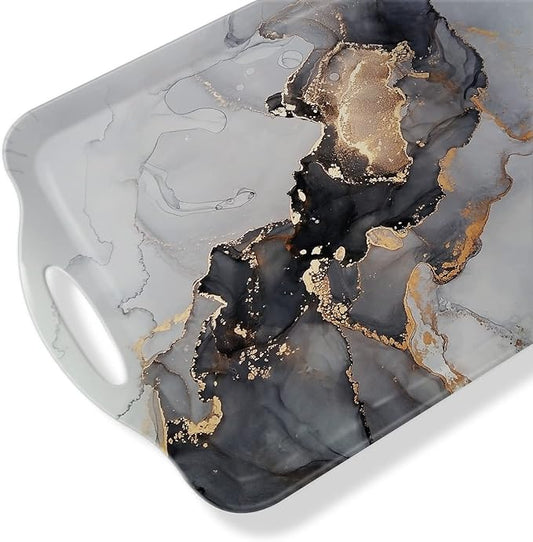 Serving Tray Decorative Tray with Handles Multi-Purpose Rectangular Serving Trays for Restaurant, Parties, Coffee Table, Kitchen - Grey Gold Marble Pattern