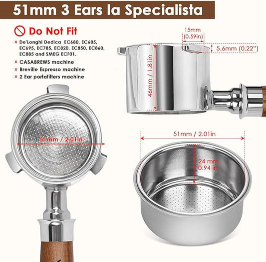 51mm Bottomless Portafilter 3 Ears Compatible with De-longhi La Specialista Coffee Espresso Machine EC9335 9155 9355 9665,100% Stainless Steel Filter Basket and Walnut Handle