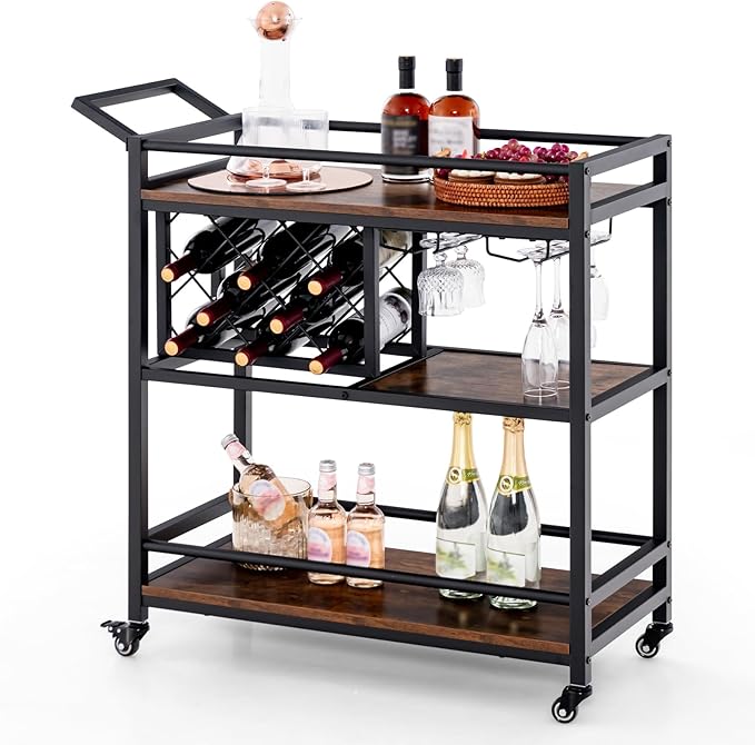 Giantex Bar Cart, 3 Tier Serving Cart for Home, 8 Wine Bottles Rack, Glass Holder, Industrial Mobile Kitchen Cart with Lockable Wheels and Handle, Storage Shelves for Drink Beverage