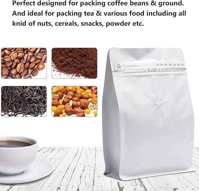 100 Pieces 16 Ounce White Kraft Paper Coffee Bags, Stand Up Coffee Pouches with One Way Degassing Valve and Reusable Side Zipper (Pull Tab to Open) Flat Bottom - Stand Up Well (16oz, 1lb, 454gram)