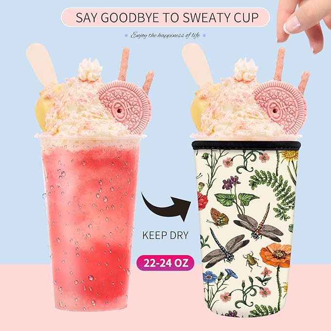 Reusable Neoprene Insulator Sleeve for Iced Coffee Cups, Medium 22-28oz Durable Drink Sleeve for Cold Beverages, Cute Beverage Holder Cup Sleeve for Women Men Boho Dragonfly