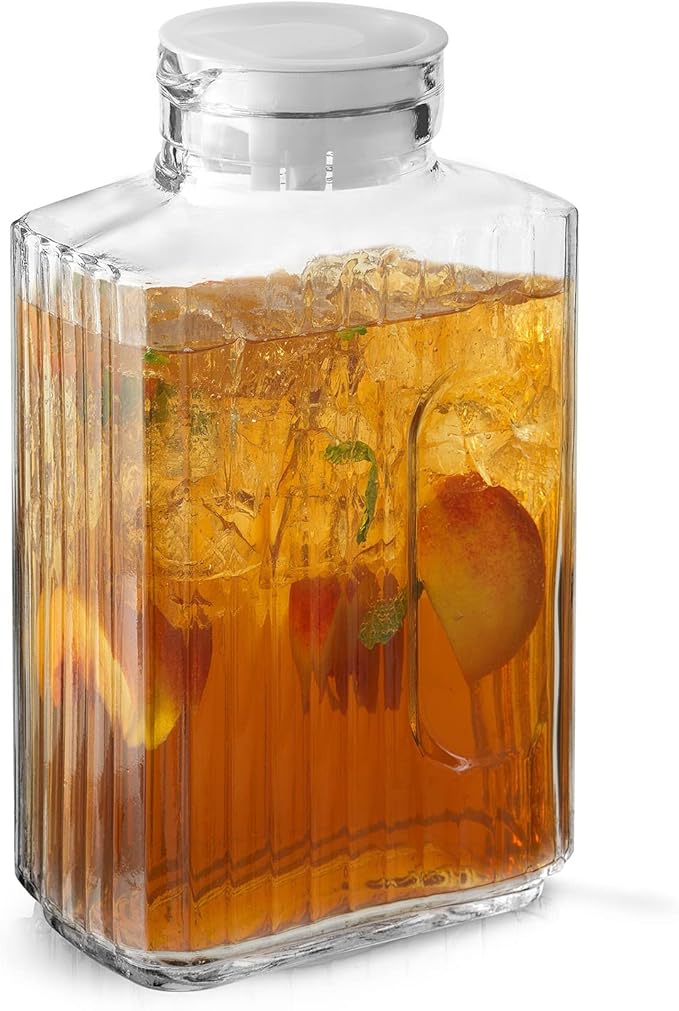 68oz Glass Pitcher with Lid (2 Lids), Rectangle Beverage Serveware and Storage Container for Cold Drinks and Liquids, Water Containers, 2 Quart Pitcher with Lid for Kool Aid and Lemonade