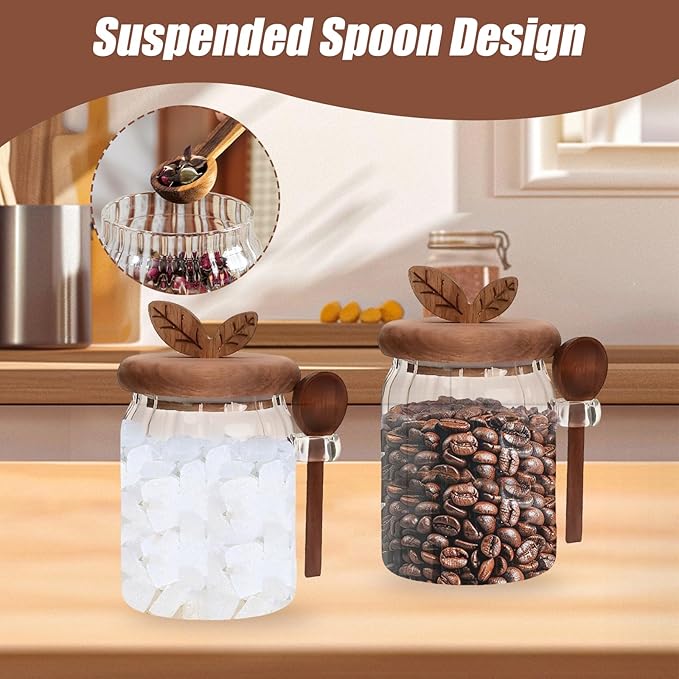 Brown Sugar Keeper Bowl with Lid and Spoon 2 Pack, 20 oz Airtight Glass Canister for Brown Sugar, Coffee Bar Container | Spice, Peper, Cereal, Tea, Spice Storage Jar | Modern Decorative