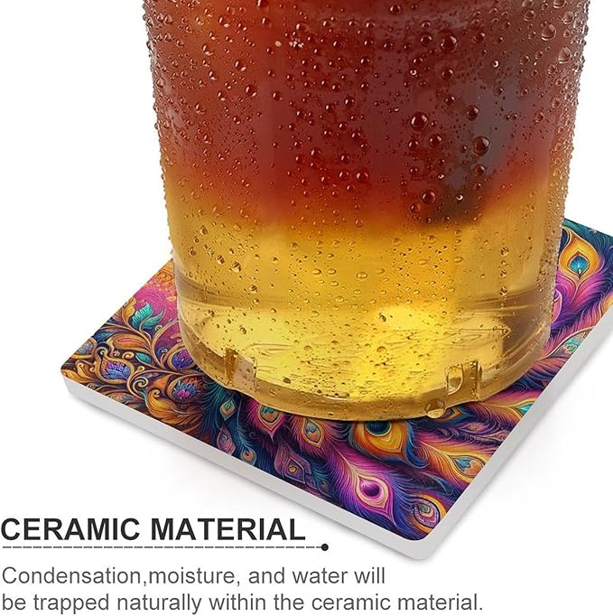 Square-6PCS Peacock Drink Coasters, Square Modern Ceramic Absorbent Coasters, Boho Art Beautiful Colorful Floral Peacock Pattren Decor Desk Coffee Table Coaster for Beverage Cup Tea Coasters