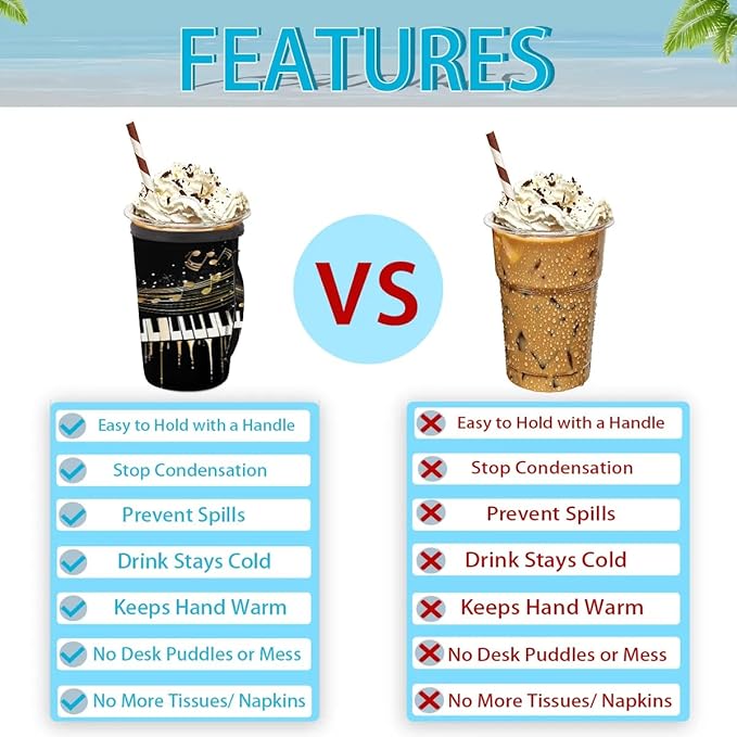 Reusable Iced Coffee Sleeve with Handle, Music Theme Neoprene Cup Sleeve Piano Keyboard Music Notes Insulator Cup Holder for Cold Drinks Beverages 24oz - 28oz
