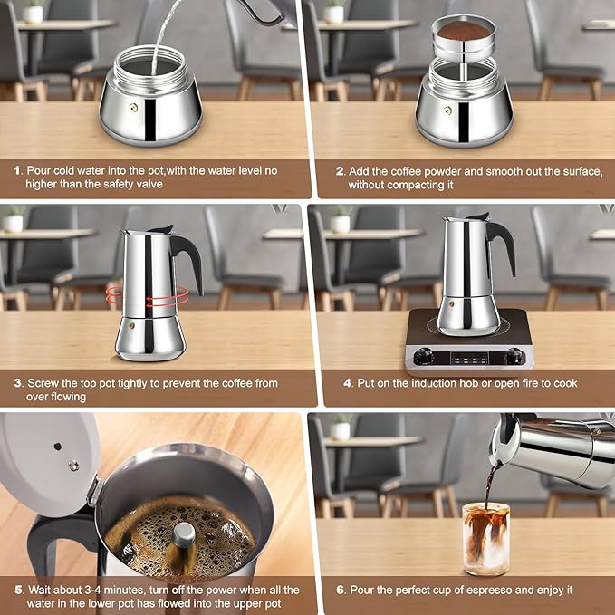 DITOSH 6 Cup Stovetop Espresso Maker Stainless Steel Moka Pot Stove Top Percolator Italian Coffee Makers Capable Mocha Greca Machine Cafe Classic Induction Cookers for Home and Camping 300ml 10oz