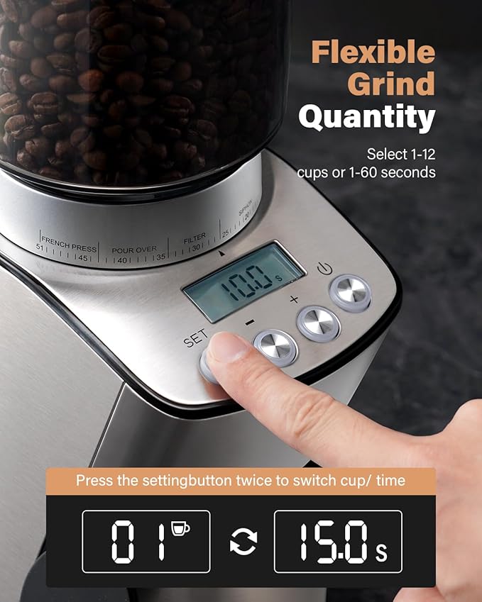 Conical Burr Coffee Grinder Electric, Espresso Grinder for Home Use, Burr Mill with 51 Grind Settings, Precision Electronic Timer, Stainless Steel Container