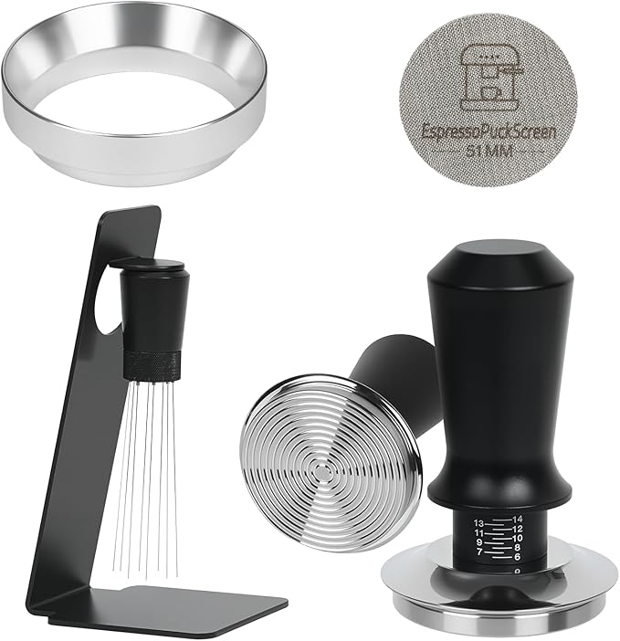 51mm Espresso Tamper Kit - Dual-Spring Calibrated Coffee Tamper, 8-Needle WDT Tool Espresso Distribution Tool, Magnetic Aluminum Dosing Funnel, Reusable Puck Screen, Fit Delonghi 51mm Portafilters