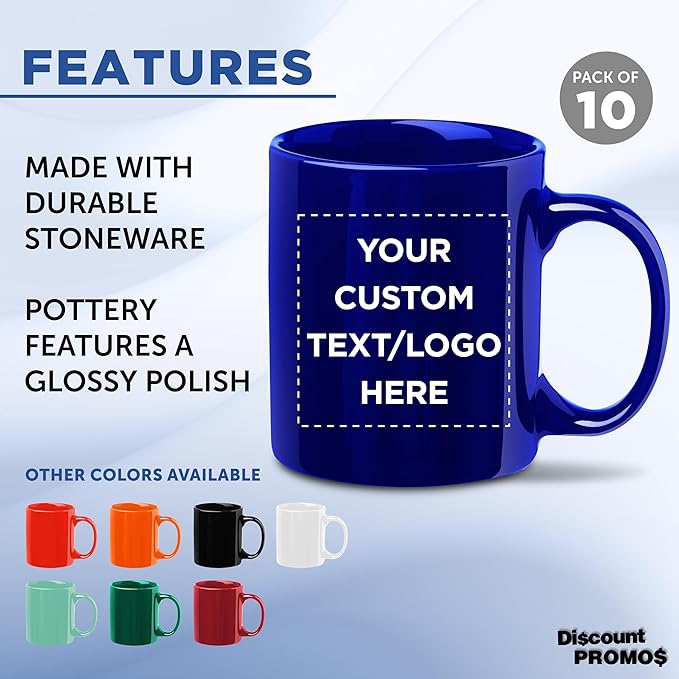 Custom Ceramic Coffee Mugs 11 oz. Set of 10, Personalized Bulk Pack - Coffee cup set, Iced coffee cup, Gaming mug - Royal Blue