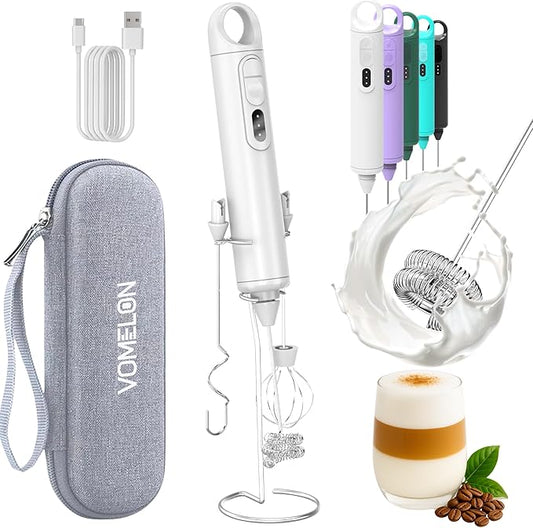Rechargeable Milk Frother Handheld 3 Speed Coffee Foamer [3 Whisk] Electric Drink Mixer for Latte, Cappuccino, Coffee, Eggs, Hot Chocolate, White