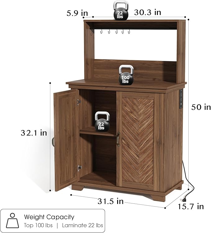 Farmhouse Coffee Bar Cabinet with Storage,31.5" Kitchen Cabinet with Hooks and Charging Station,Coffee Station with Adjustable Shelf and Hutch,Sideboard for Living Dining Room