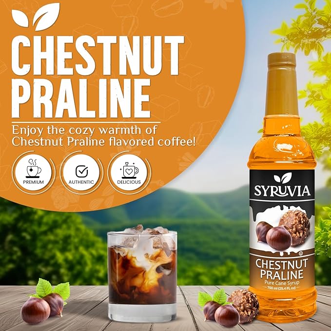 Syruvia Coffee Syrup, Chestnut Praline Flavored Syrup for Drinks, Lattes, and Desserts – 25.4 fl oz, With Pump