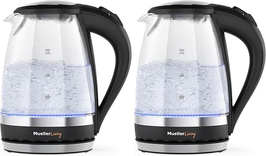 MuellerLiving Glass Kettle 1.5L 1500W LED Light Electric Tea Kettle Automatic Shut-Off with SpeedBoil Tech and Boil-Dry Protection (Pack of 2)